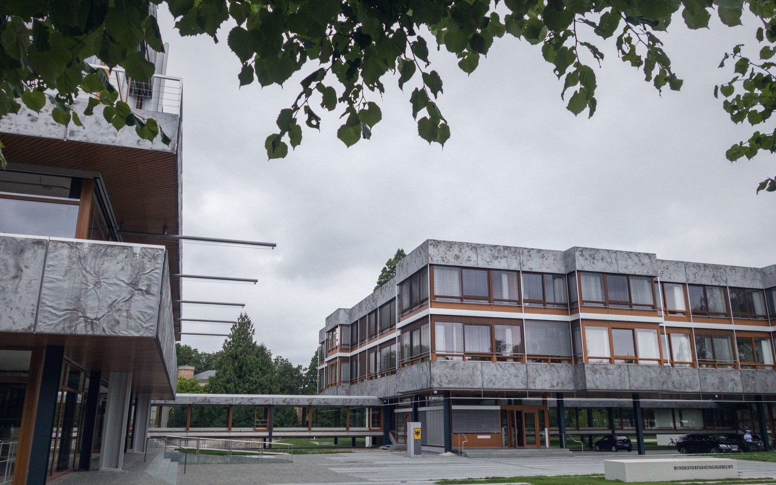 Concrete and timber office building with tiered balconies beneath overhanging tree branches