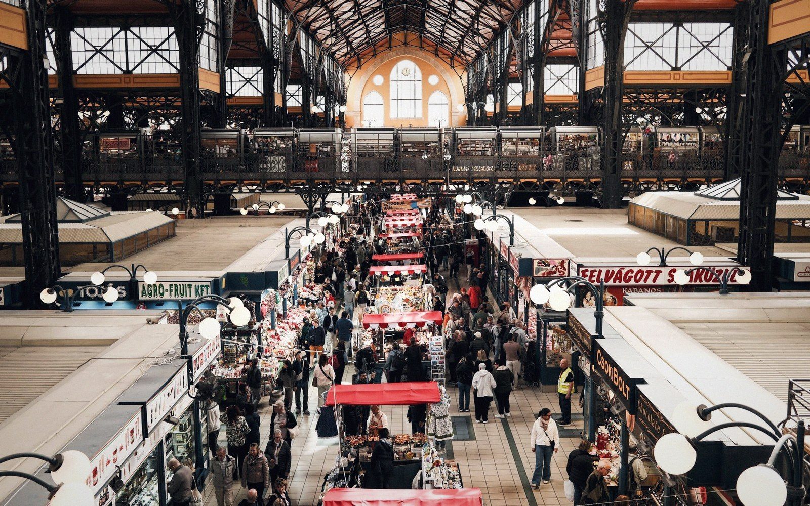 Interior of a covered market hall, stalls of vegetables and dried goods, adult vendors and shoppers, high iron roof